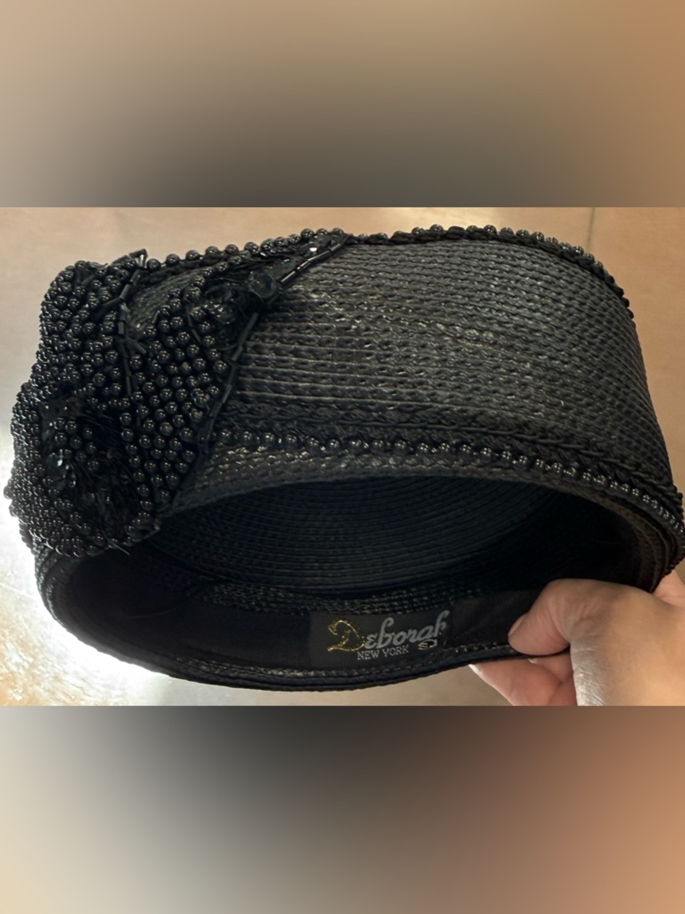 Pillbox Hat Deborah New York black beaded VINTAGE ELEGANT